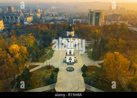 Above Chisinau at sunset. Chisinau is the capital city of Republic of Moldova Stock Photo