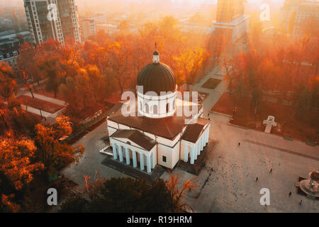 Chisinau Metropolitan Cathedral in Central Park,  Moldova Republic. Aerial view. Artistic tonning Stock Photo