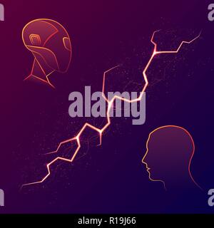 Background with robot and human heads silhouette and lightning Stock Vector