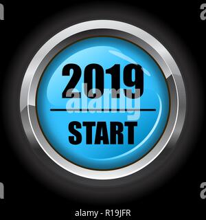 Blue start button with new 2019 year on black Stock Vector