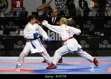 Greek Karateka Eleni Chatziliadou Seen Celebrating On The Podium With Her Gold Medal During The 24th Karate World Championships At The Wizink Center In Madrid Stock Photo Alamy