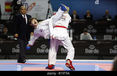 Greek Karateka Eleni Chatziliadou Seen Celebrating On The Podium With Her Gold Medal During The 24th Karate World Championships At The Wizink Center In Madrid Stock Photo Alamy