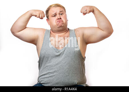 Funny overweight sports man flexing his muscle isolated on 