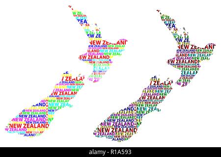 Sketch New Zealand letter text map, New Zealand - in the shape of the continent, Map New Zealand - color vector illustration Stock Vector