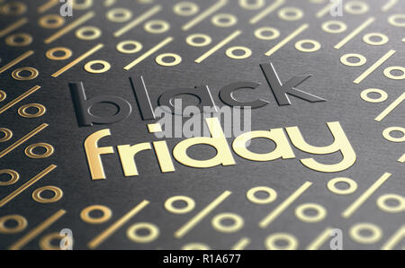 Text Black Friday embossed on paper texture with golden percent symbols. Sale event background. 3D illustration. Stock Photo