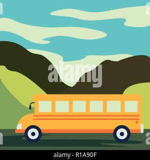 Time to travel. Flat vector yellow bus goes on the highway in the desert. Mountains, road and clouds landscape. Banner concept template Stock Vector