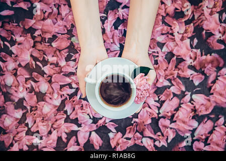 Top view woman hands holding cup of coffee and light pink peony flower on saucer above dark background with petals. Cozy breakfast in flat lay style.  Stock Photo