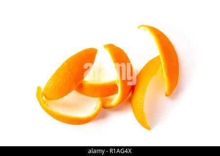 Pieces of orange peel isolated on white background, view from above Stock Photo