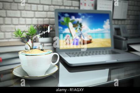 The concept of burning tours Concept travel Tropical island in a coffee cup on an office desk 3d illustration Stock Photo