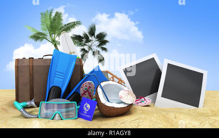 Concept travel to tropical countries Different objects on the beach sand 3d render Stock Photo