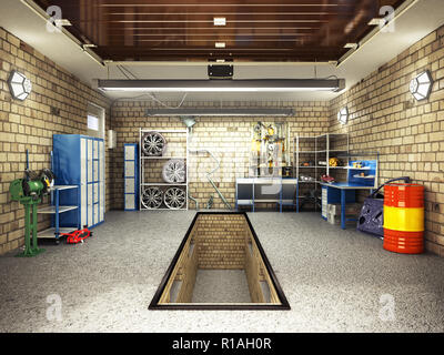 Front View of a Garage 3D Interior with Opened Roller Door 3D Rendering Stock Photo