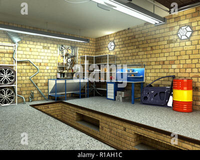 View of a Garage 3D Interior with Opened Roller Door 3D Rendering Stock Photo