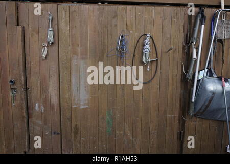 fishing boat anchors lifebuoys rod hooks float fishing Stock Photo