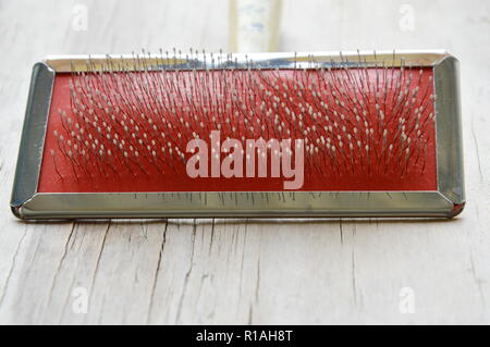 slicker brush for dog and cat on wooden board Stock Photo