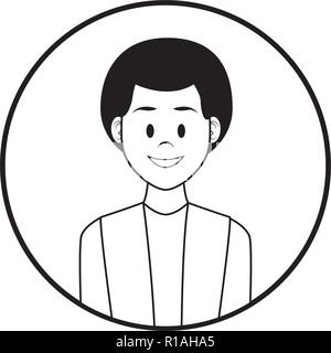 Man afro profile smiling cartoon round icon in black and white vector illustration graphic design Stock Vector