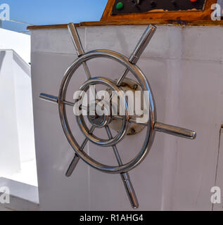 boat steering, ship steering, steering wheel sailboat, steel wheel Stock Photo