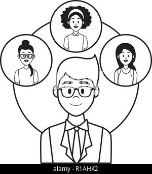 Businessman with women on round icons vector illustration graphic design Stock Vector