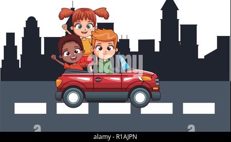 three two smiling kids driving car on highway over cityscape vector illustration graphic design Stock Vector