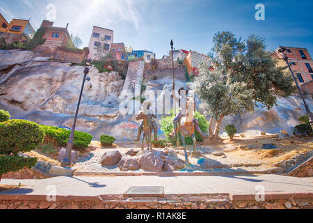 Guanajuato, Mexico-April 11, 2017: Cervantes and Sancho Panza monument in the heart of Guanajuato historic center Stock Photo