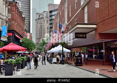 Street scene in downtown Boston, Massachusetts along pedestrianized zone and Macy's store Stock Photo