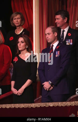 The Duke and Duchess of Cambridge during the annual Royal British Legion Festival of Remembrance at the Royal Albert Hall in London, which commemorates and honours all those who have lost their lives in conflicts. Stock Photo