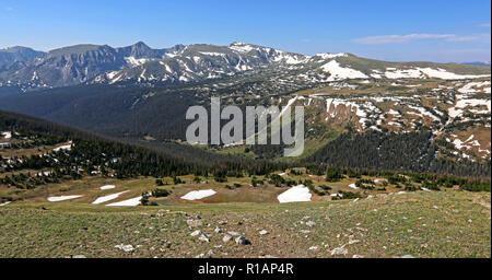The Gore Range and the continental divide, shot just off of the Trail Ridge Road in Rocky Mountain National Park, Colorado.  The two most prominent mo Stock Photo