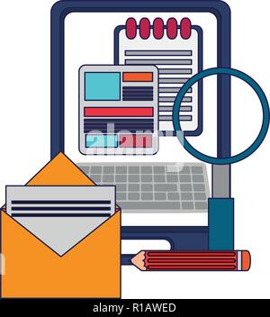 Tablet and email with magnifying glass blue lines vector illustration graphic design Stock Vector