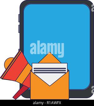 Email tablet and bullhorn advertising blue lines vector illustration graphic design Stock Vector