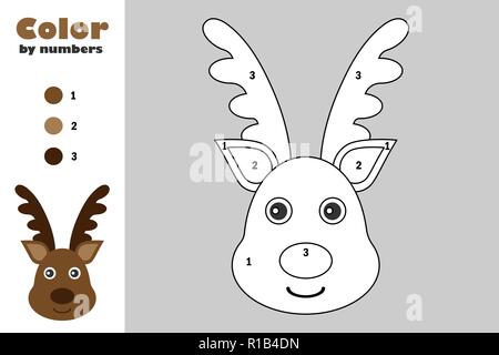 Deer in cartoon style, color by number, christmas education paper game for the development of children, coloring page, kids preschool activity, printa Stock Vector