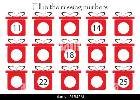 Game with christmas gifts for children, fill in the missing numbers, middle level, education game for kids, school worksheet activity, task for the development of logical thinking, vector illustration Stock Vector