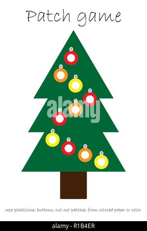 Education Patch game christmas tree for children to develop motor skills, use plasticine patches, buttons, colored paper or color the page, kids preschool activity, printable worksheet, vector Stock Vector