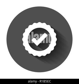 Approved certificate medal icon in flat style. Check mark stamp vector illustration with long shadow. Accepted, award seal business concept. Stock Vector