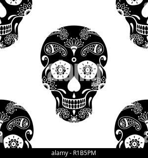 Vector seamless pattern of black sugar skull with floral pattern on white background. Illustration for Mexican Day of the Dead Stock Vector