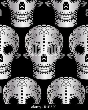 Vector seamless pattern of metal sugar skull with doodle floral elements on black background. Background for Mexican Day of the Dead Stock Vector