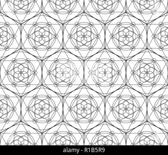 Vector geometric seamless pattern of black sacred geometry symbols with triangle, hexagon, circle and floral motif on white background Stock Vector