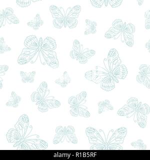 Vector seamless pattern of blue butterfly outline on white background Stock Vector