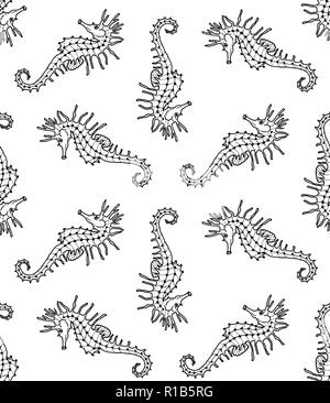 Vector seamless pattern with seahorse on navy blue background ...