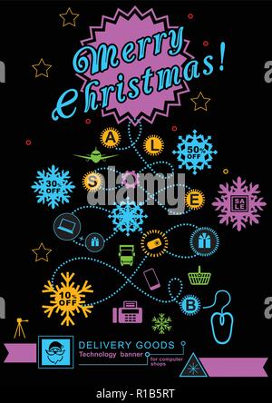 Pathway in the shape of christmas tree. Bright neon christmas logistics icons on the black background. Technology background. Icon of Santa Clause. Stock Vector