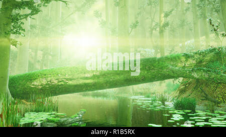 fallen tree, natural bridge in magical forest, intense sunshine in fantasy forest landscape Stock Photo