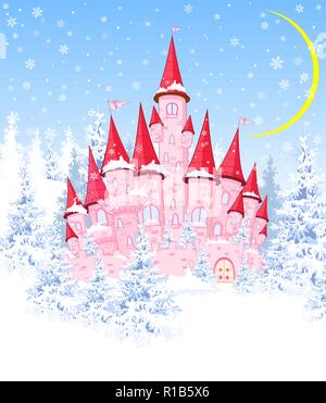 Cartoon pink castle on the background of winter snow-covered forest. Winter landscape with a pink castle in the woods, snow, night, moon. Stock Vector