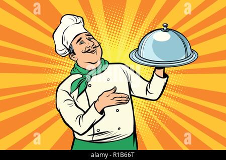 chef with tray with lid. Comic cartoon pop art retro vector illustration drawing Stock Vector
