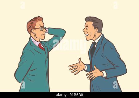 two businessmen brainstorming. collaboration teamwork. Comic cartoon pop art retro vector illustration drawing Stock Vector