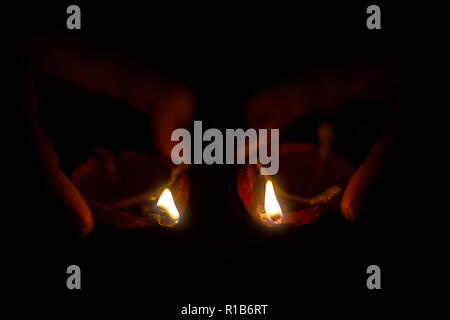 Traditional earthen lamps to celebrate the festival of light, Diwali, copy space Stock Photo