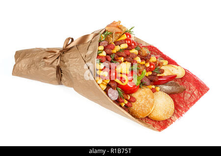 Original bouquet consisting of different varieties of sausage, meat, smoked cheese, tomatoes, pepper and bread lies on the white background Stock Photo