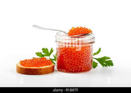 red caviar jar and snack isolated on white background Stock Photo