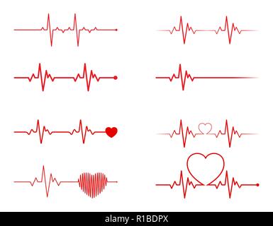 heart rhythm set, Electrocardiogram, ECG - EKG signal, Heart Beat pulse line concept design isolated on white background Stock Vector