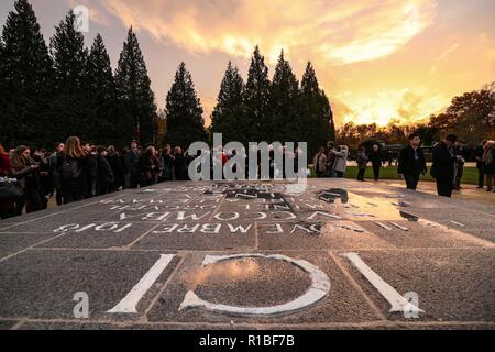 Paris, France. 10th Nov, 2018. People attend a ceremony to commemorate the 100th anniversary of the end of World War I, near the town of Compiegne, France, Nov. 10, 2018. French President Emmanuel Macron and German Chancellor Angela Merkel clasped hands on Saturday during a solemn joint ceremony at a historic site, in a vow of peace and unity. Credit: Zheng Huansong/Xinhua/Alamy Live News Stock Photo