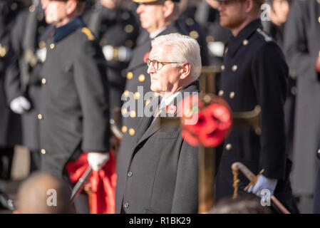 London UK, 11th November 2018  The National Service of Remembrance  at the Cenotaph London on Remembrance Sunday in the presence of HM The Queen, the Prime Minster, Theresa May, former prime ministers, senior government ministers  and representatives of the Commenwealth HE The President of the Federal Republic of Germany Frank -Walter Steinmeiser Credit Ian Davidson/Alamy Live News Stock Photo