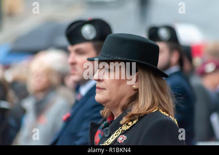 Glasgow, Scotland, UK. 11th November, 2018. The Lord Provost of Glasgow Eva Bolander attends a Remembrance Sunday service at the Cenotaph in George Square on the 100th anniversary of the signing of the Armistice which marked the end of the First World War. Credit: Skully/Alamy Live News Stock Photo