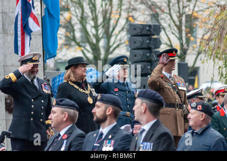 Glasgow, Scotland, UK. 11th November, 2018. The Lord Provost of Glasgow Eva Bolander together with senior Military Personnel salute the parade during a Remembrance Sunday service at the Cenotaph in George Square on the 100th anniversary of the signing of the Armistice which marked the end of the First World War. Credit: Skully/Alamy Live News Stock Photo